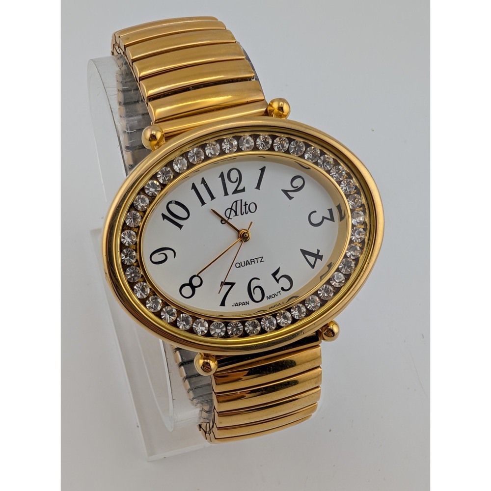 Vintage Alto Women's Watch 43mm Case Rhinestones Gold Stretch Band- New Battery